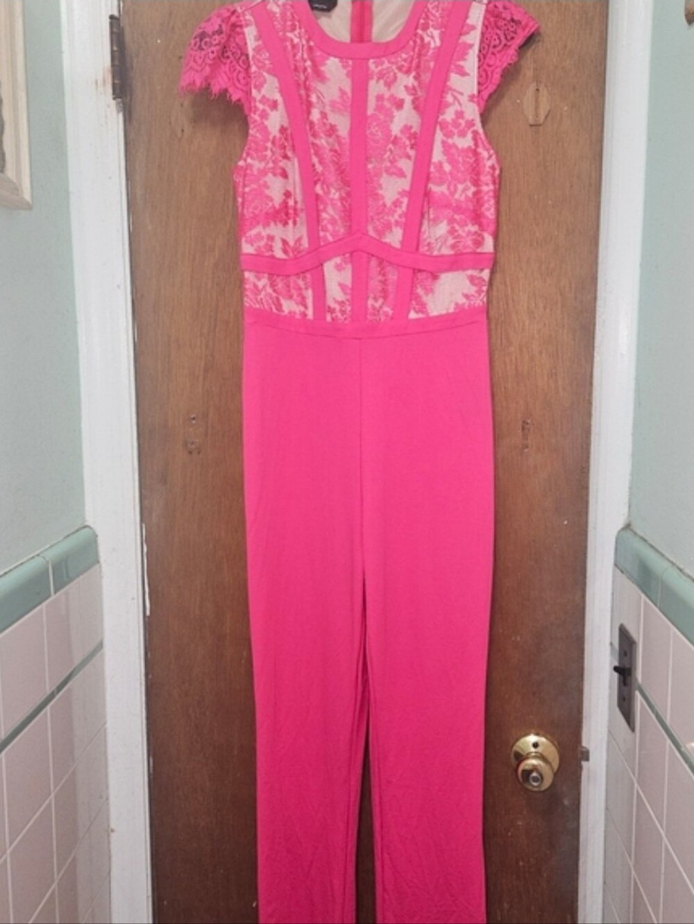bebe Hot Pink Lace-Panel Jumpsuit - Picture 4 of 5